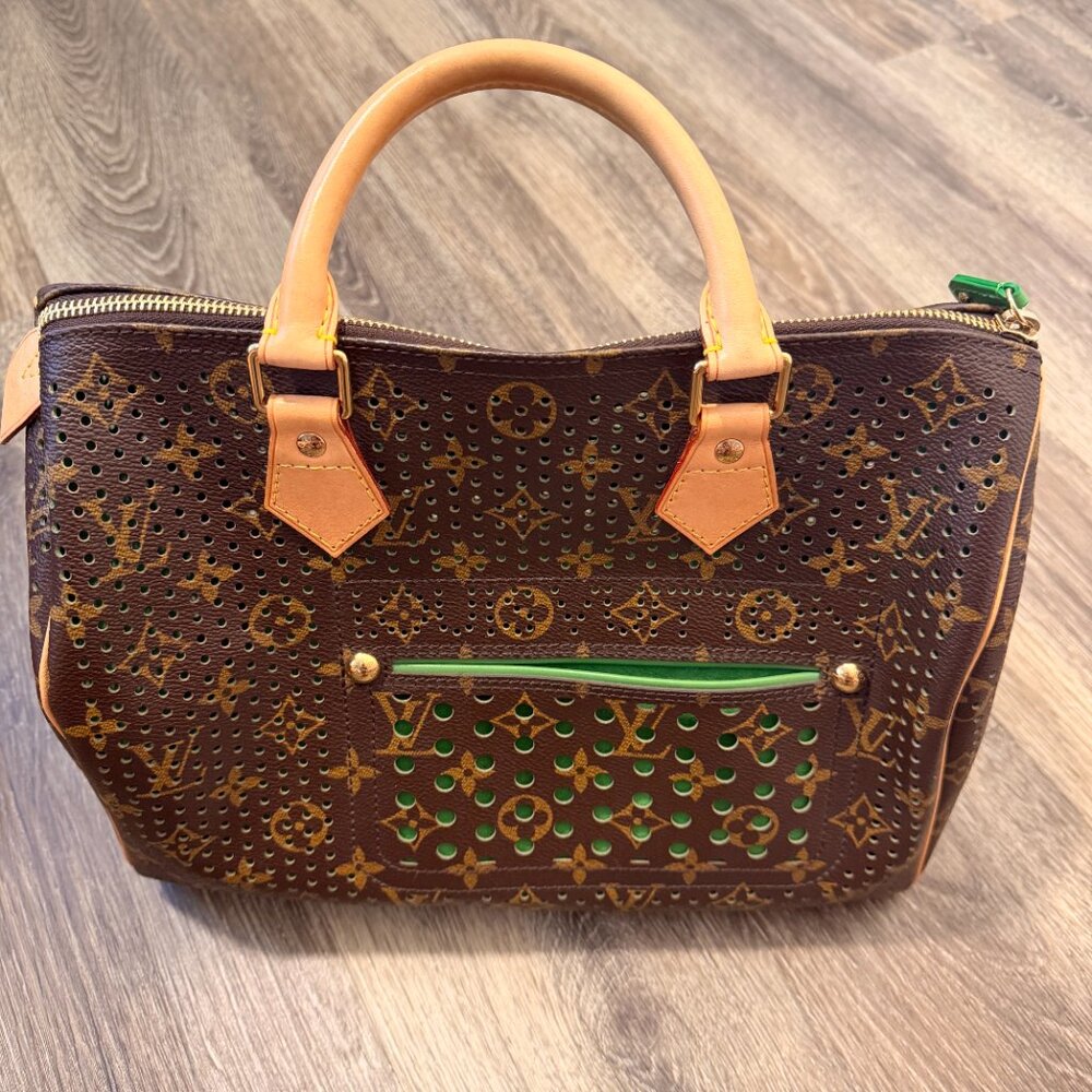 Louis Vuitton Brown Monogram Perforated Tote with Green Trim